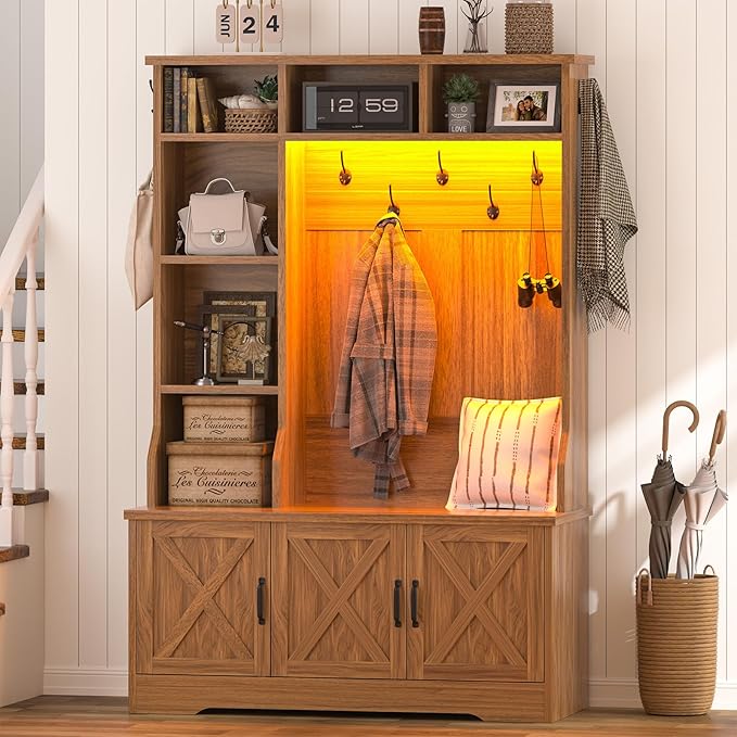 CSZZD Hall Tree with Bench and Shoe Storage, Farmhouse Entryway Bench with Coat Racks and Led Lights, Tall Hall Tree with 7 Coat Hooks, 6 Storage Cubbies, Adjustable Shelf