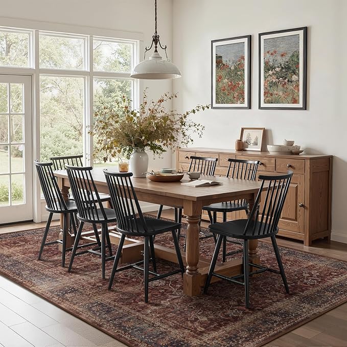 Washable Rugs 8x10 Brick Red, Earth Tone Thin Area Rugs for Living Room, Vintage Distressed Bedroom Rug Non Slip Stain Resistant, Carpet Rug for Dining Room/Kitchen/Home Office/Family Room