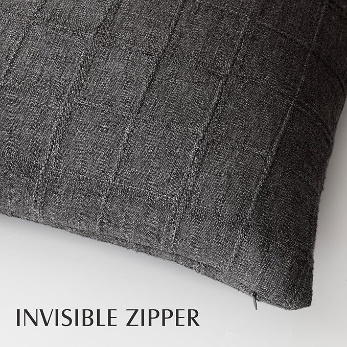 Foindtower Set of 2 Decorative Linen Check Throw Pillow Covers Neutral Farmhouse Vintage Cushion Covers Modern Boho Home Decor for Sofa Chair Couch Bedroom Living Room,24×24 Inch,Charcoal