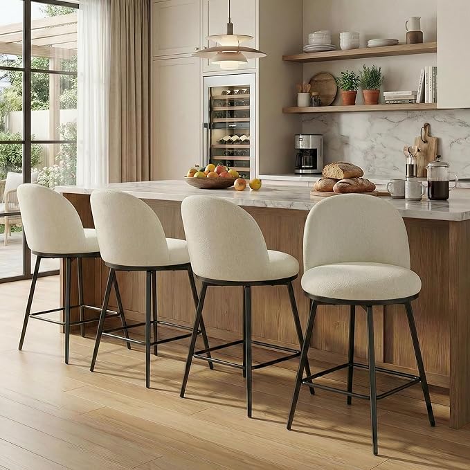 26" Counter Height Swivel Bar Stools Set of 2, Upholstered Linen Fabric Barstools with Backs and Metal Legs for Kitchen Island,Linen