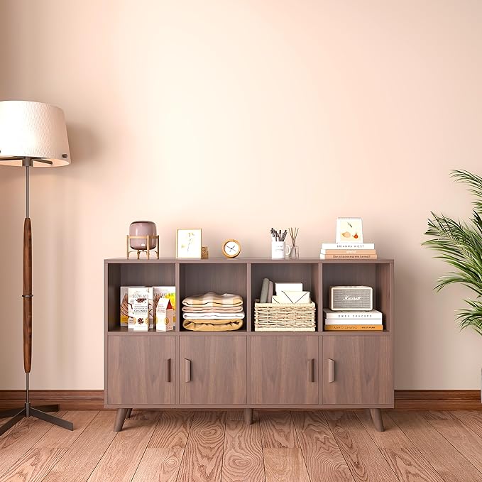OSCHF Cubby Shelf Bookcase with Doors - Wooden 8 Cubes Floor Standing Open Bookshelf with Solid Wood Legs, 2-Tier Low Storage Cabinet, Walnut