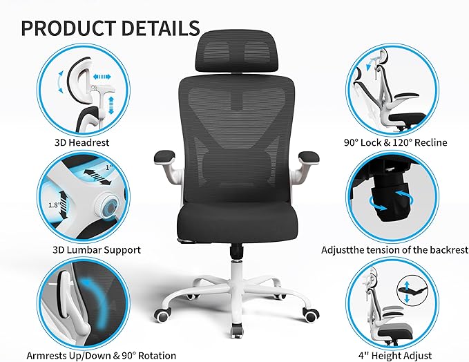 Ergalithic Ergonomic Office Chair - Computer Desk Chair with Adjustable Lumbar Support - 300lbs Executive Desk Chair High Back with Headrest Flip-Up Arms for Long Hours, Rolling Chair (White Black)