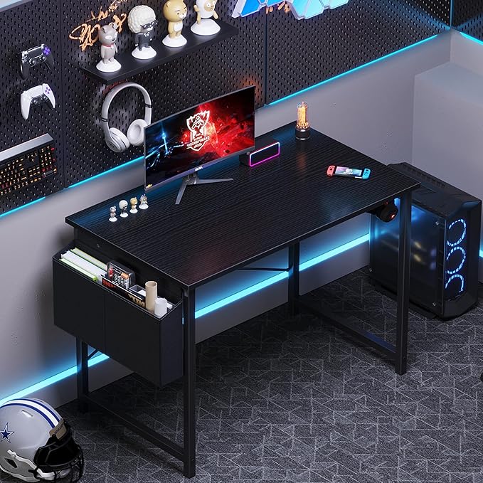 OLIXIS Computer Desk 40 Inch Home Office Desks for Small Spaces, Gaming Writing Study Work Table with Storage Bag and Headphone Hook for Bedroom, Black