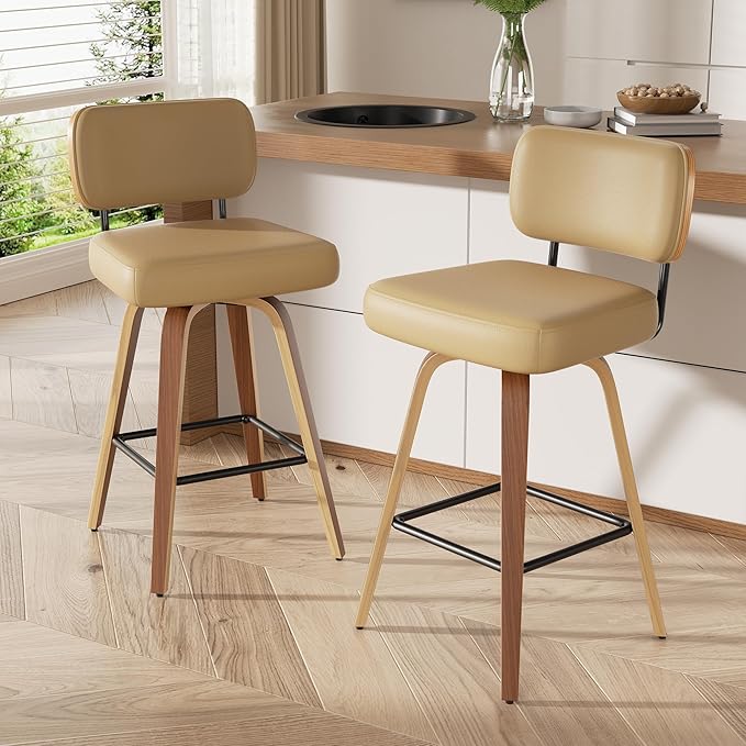 Swivel Bar Stools Set of 2, 26" Upholstered Faux Leather Counter Height Barstools with Walnut Back & Bentwood Legs, Mid Century Modern Bar Chairs Island Stools for Kitchen Counter, Khaki