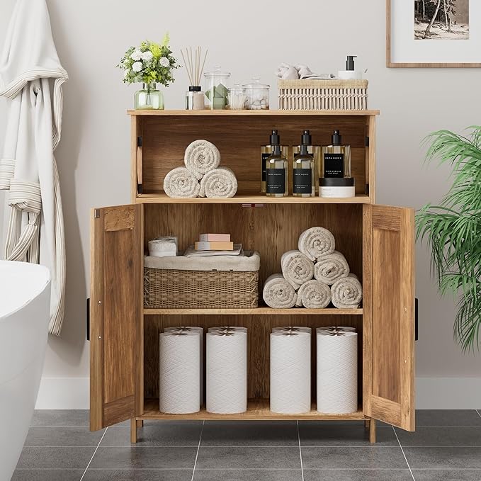 Homhedy Farmhouse Bathroom Storage Cabinet with 2 Doors, Toilet Paper Cabinet with Adjustable Shelves, Small Bathroom Cabinet for Kitchen/Laundry/Living Room, 11.8 x 23.6 x 31.5 Inches, Rustic Walnut