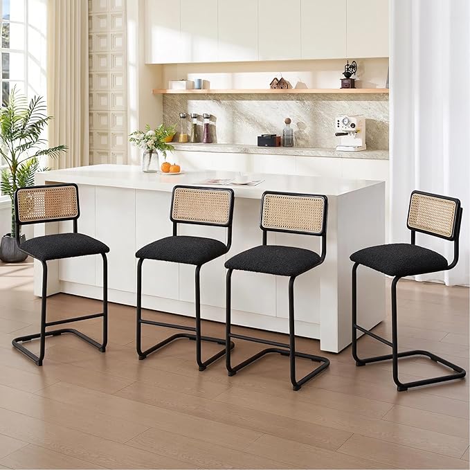 Zesthouse Natural Rattan Counter Stools Set of 4, 26'' Mid Century Modern Counter Height Barstools with Solid Wood Back & Cane Mesh, Upholstered Black Boucle Bar Stools for Kitchen Island, Chrome Base