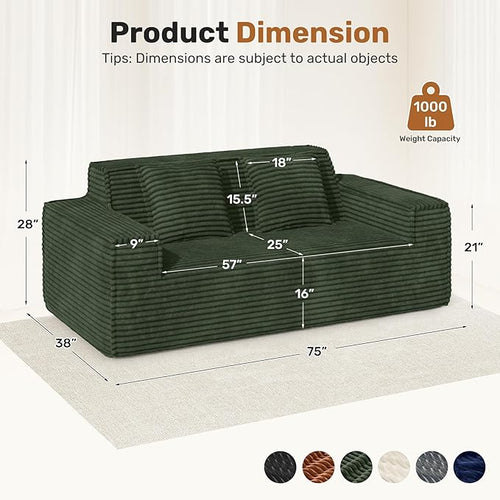 75'' Modern Cloud Loveseat Sofa Set of 2, No Assembly Required Comfy Deep Seat Couches 2 pcs for Living Room, Bedroom, Apartment (Corduroy-Green)