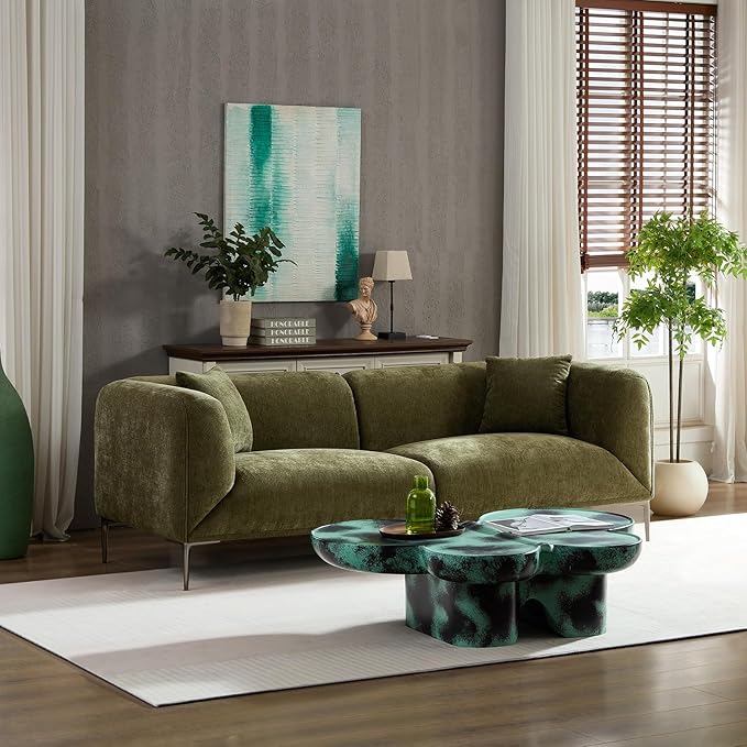 82.7" Modern Couch Upholstered Boucle Sofa with Metal Legs, 3 Seater Minimalist Curved Sofas, Cozy Luxury Deep Seat Memory Foam Couches for Living Room Bedroom Home Office Apartment, Green