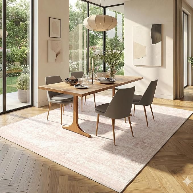 Homemate Washable Rug 6x9 Area Rugs - Vintage Faux Wool Rugs for Living Room Bedroom Dining Room - Non Slip Foldable Carpet Indoor Area Rug for Home Decor（6'x9', Pink