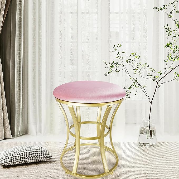 Velvet Round Vanity Stool,Pink Velvet Footrest Ottoman Foot Stool Seat with Golden Metal Legs,Makeup Chair for Bathroom Vanity,Bedroom,Living Room