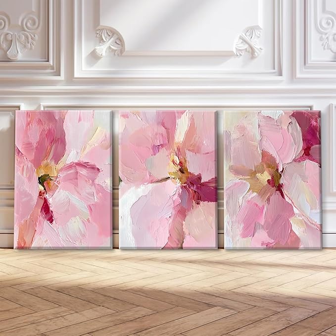 Abstract Floral Wall Art Pink Flower Canvas Pictures Modern Wall Decor Blush Pastel Pink Prints Peony Painting Minimalist Poster Botanical Artwork for Bedroom Living Room 16x24x3 Inch Ready to Hang
