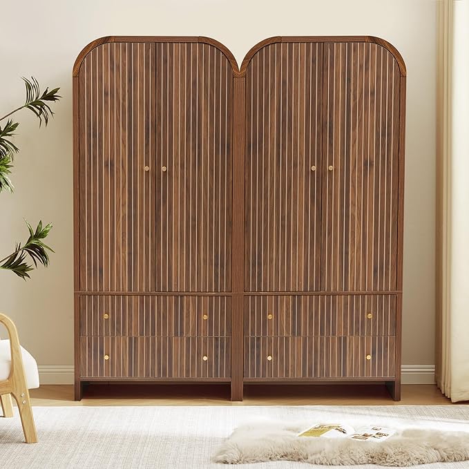 LEVNARY Arched Armoire Wardrobe Closet, Mid-Century Modern 2-Door Freestanding Wardrobe with Hanging Rod and 2 Drawers, Fluted Carved Clothing Storage Cabinet for Bedroom (Walnut)