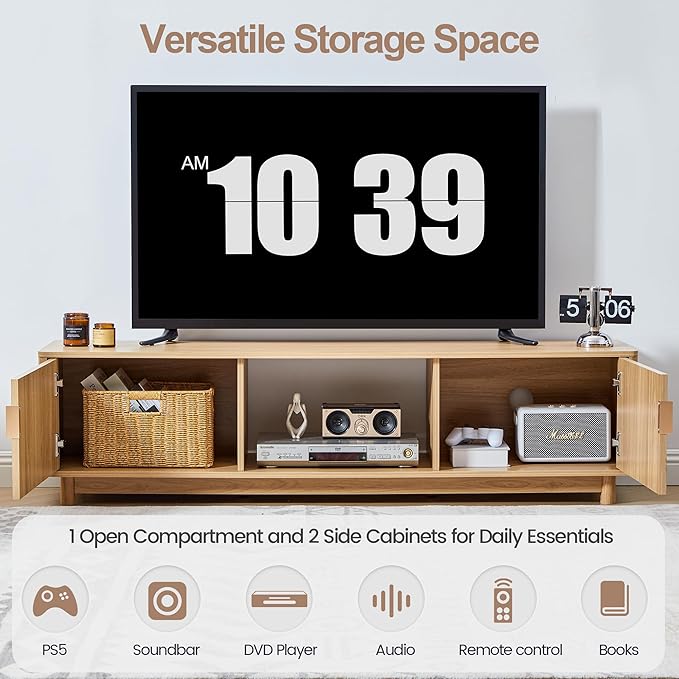 FurSch 62.2” Mid Century Modern Fluted TV Stand, Low Profile TV Stand with Storage, Curved Media Console for Bedroom Living Room (Natural)