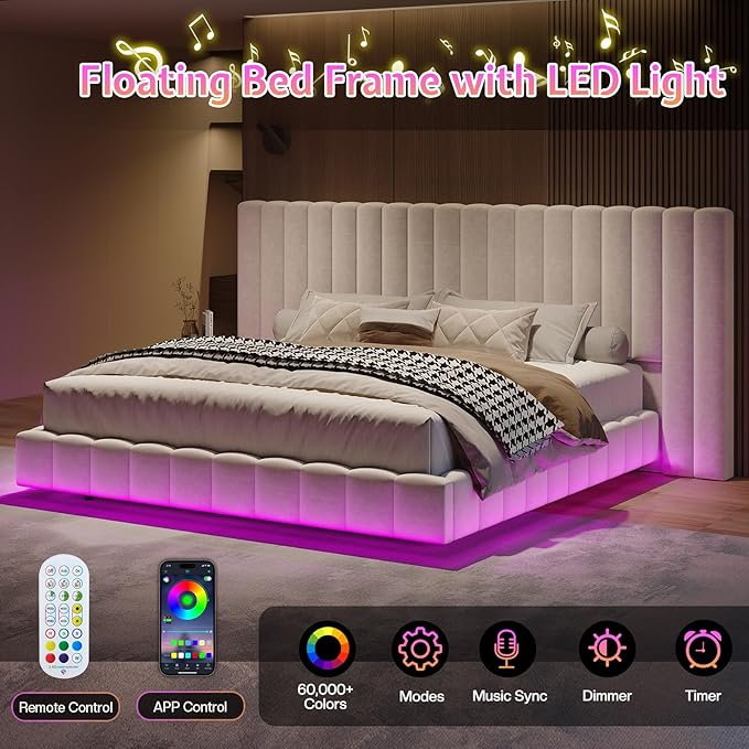 Jocisland King Size Bed Frame with 100" Wide Upholstered Headboard, Modern Velvet Floating Platform with LED Lights Underneath, No Box Spring Needed, Cream