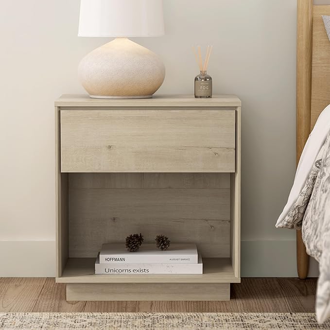EYYTHUNG Modern Nightstand, Wood End Side Table with Storage and Open Shelf, Farmhouse Accent Night Stand Bedside Table for Bedroom, Light Oak