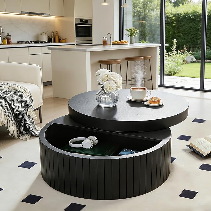 31.5” Modern Round Coffee Table, Circular Wood Center Table with Storage, MDF Accent Dinning Table for Living Room, Apartment,Office,Courtyard, No Assembly.(Black)