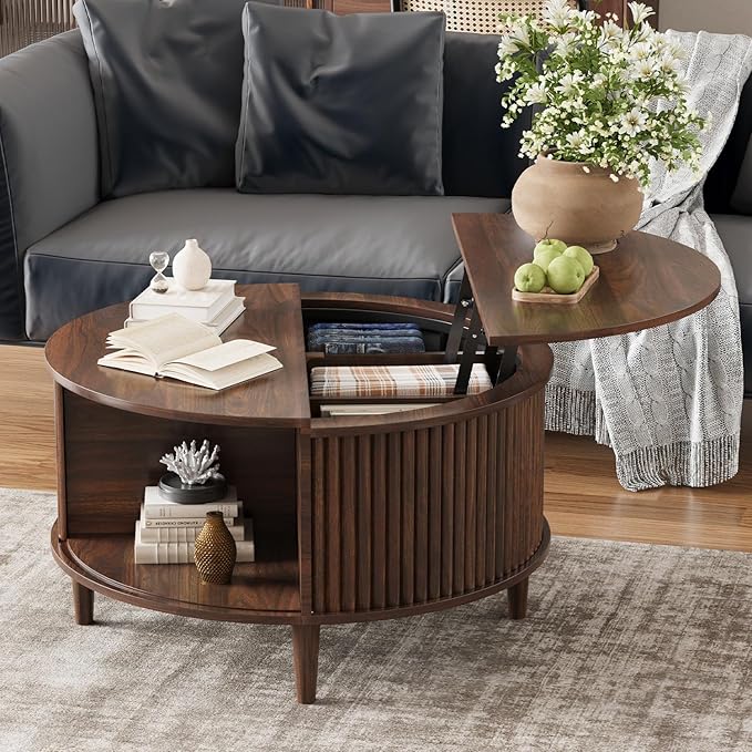 Lift Top Coffee Table with Storage, Fluted Round Center Table with Sliding Cabinet Door, Small Circle Table for Living Room, Walnut