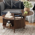 Lift Top Coffee Table with Storage, Fluted Round Center Table with Sliding Cabinet Door, Small Circle Table for Living Room, Walnut