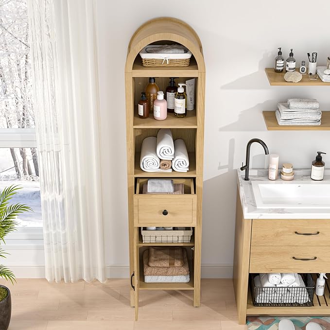 Lxsxlome 64" Tall Bathroom Storage Cabinet with Adjustable Shelves,Tall Narrow Arched Freestanding Tower Cabinet with Fluted Doors and Drawers,Space Saving Organizer for Bathroom Living Room (Oak)