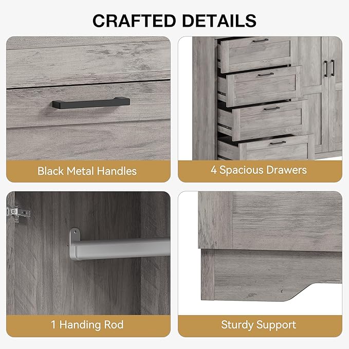 IDEALHOUSE 43.3'' H Armoire Wardrobe Closet with 4 Drawers and 2 Doors, Hanging Rod, Multifunctional Wooden Dresser with Storage Closet, Bathroom Cabinet for Bedroom, Gray