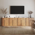 BELLEZE Bijou Set of 4 Wall-to-Wall Storage Cabinets (126" Wide) - Grand Sideboard Buffet System w/8 Arched Doors - Massive Entertainment Center & Display Console for Living Room, Office, Camel