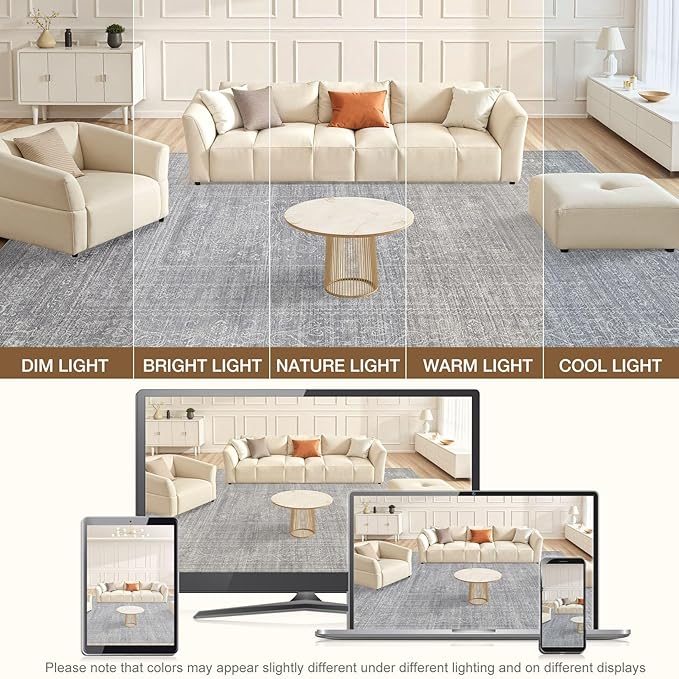 12x15 Area Rug Living Room: Washable Large Vintage Grey Rug Neutral Non-Slip Soft Stain Resistant Indoor Carpet for Bedroom Nursery Dining Room Under Table Bed Home House Office Playroom
