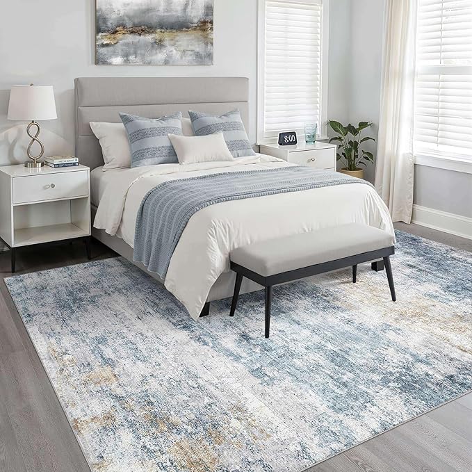 7x10 Area Rug Living Room: Washable Large Neutral Rugs Abstract Soft Modern Stain Resistant Indoor Floor Non-Slip Carpet for Bedroom Nursery Kids Office Playroom Dining Room Under Table- Blue Gold