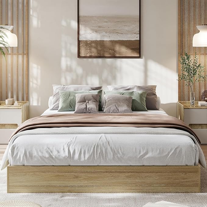 California King Size Solid Wood Platform Bed with Sturdy Wooden Slats, Floor-Standing Bed Frame, Modern Minimalist Design Bed Frame, No Box Spring Needed, Space Saver, Easy Assembly, Golden Tan Wood