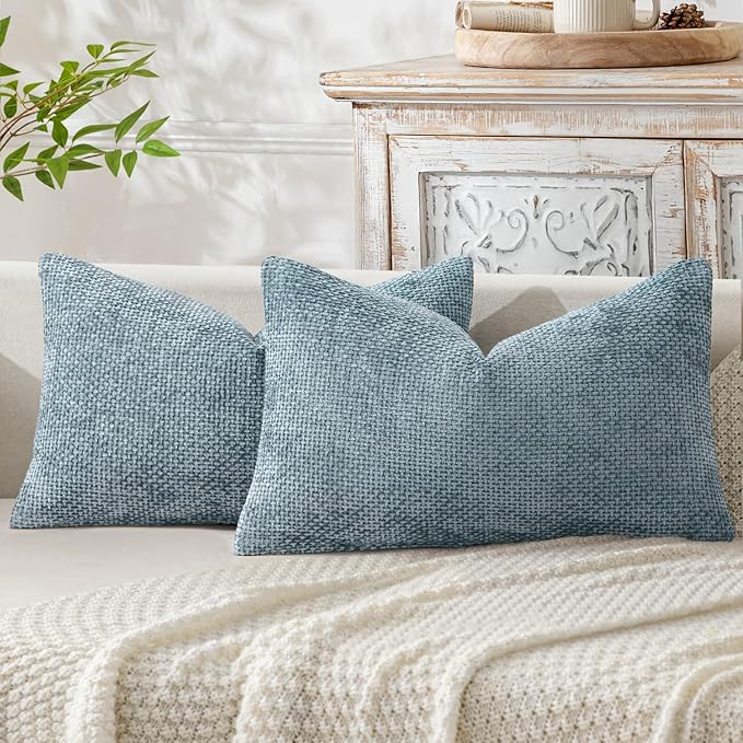 MIULEE Pack of 2 Coastal Blue Lumbar Throw Pillow Covers 20x12 Inch Summer Modern Boho Accent Decorative Pillow Covers Soft Chenille Farmhouse Cushion Covers for Home Couch Decor Bed Sofa Living Room