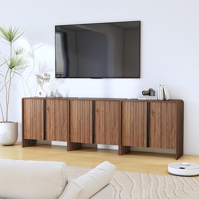 Bifins 31.5” Fluted Sideboard Buffet Cabinet with Storage,Mid Century Modern Small Wood Storage Cabinet with Arched Profile for Dining Room Kitchen Living Room (Brown 1pc)