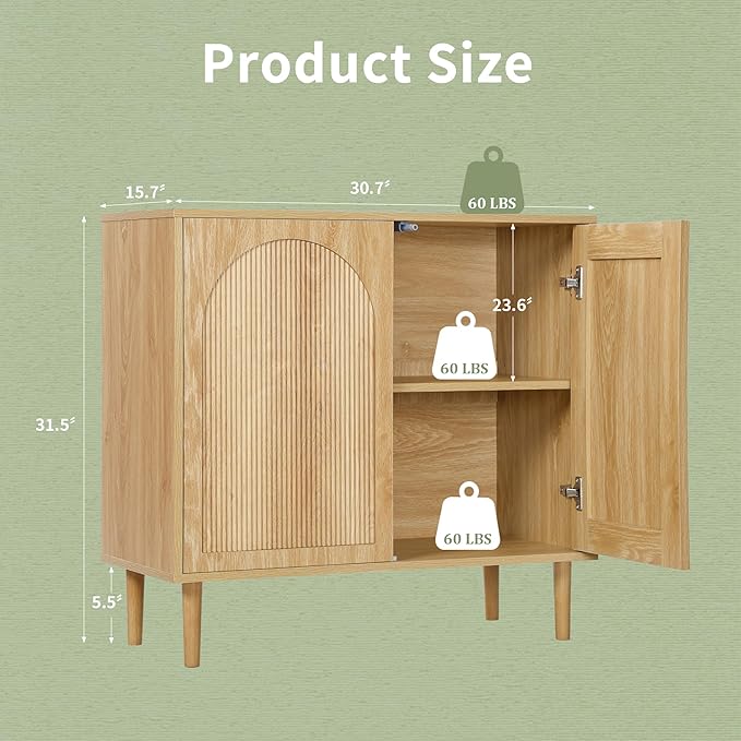 Bifins 31.5” Fluted Sideboard Buffet Cabinet with Storage,Mid Century Modern Small Wood Storage Cabinet with Arched Profile for Dining Room Kitchen Living Room (Natural 1pc)