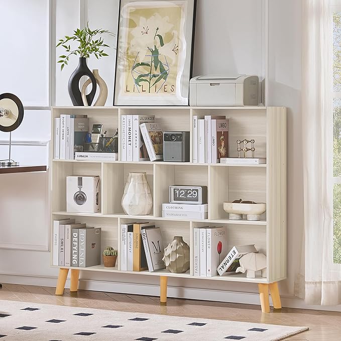 LEYAOYAO 10 Cube Bookshelf, 3 Tier Vintage 55" Wide Bookcase with Legs, Mid-Century Bookshelves Storage, Light Grey White Large Book Case, Freestanding Organizer Display Shelf for Living Room, Office