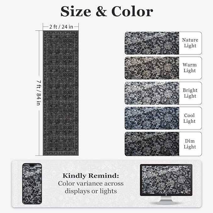 Dark 2x7 Hallway Runner Rug Non Slip, Vintage Charcoal Entryway Rugs for Inside House Mudroom, Kitchen Runner Rugs Non Skid Washable, Carpet Runner for Bathroom Laundry Room Bedroom, Midnight