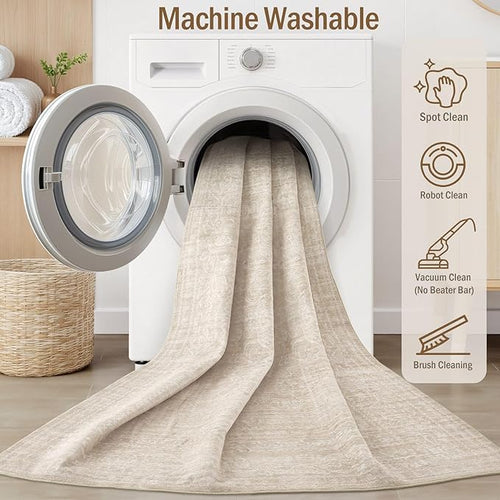 8ft Round Rug Living Room: Washable Large Vintage Neutral Area Rug Non-Slip Soft Stain Resistant Indoor Carpet for Bedroom Nursery Dining Room Under Table Bed Home House Office Playroom - Beige