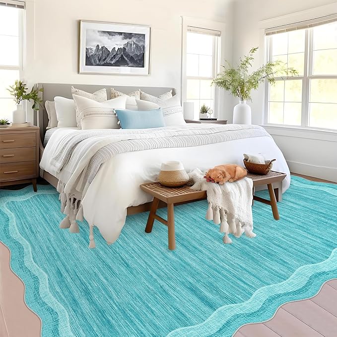 Garvee Scalloped 10x13 Area Rugs for Living Room Large Washable Rugs,Neutral Solid Rug Stain Resistant Non Slip Floor Mat Carpet Indoor Accent Rug for Bedroom Dining Room Playroom Home Decor,Teal
