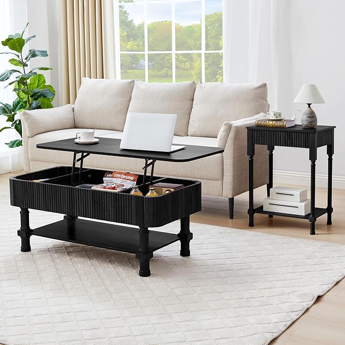 XUZENEST Fluted Nightstand with Charging Station, 23.6” Large Bed Side Table End Table with Drawer, Modern Mid Century Solid Wood Legs Night Stands Bedside for Bedroom Living Room Sofa Office, Black