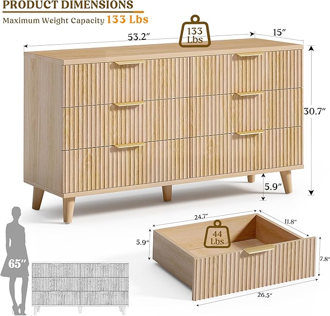 Lulive Modern Dresser and Nightstand Sets 3-Piece, 6-Drawer Dresser + 2 Nightstands Bedroom Sets with Solid Wood Legs (Natural Oak)