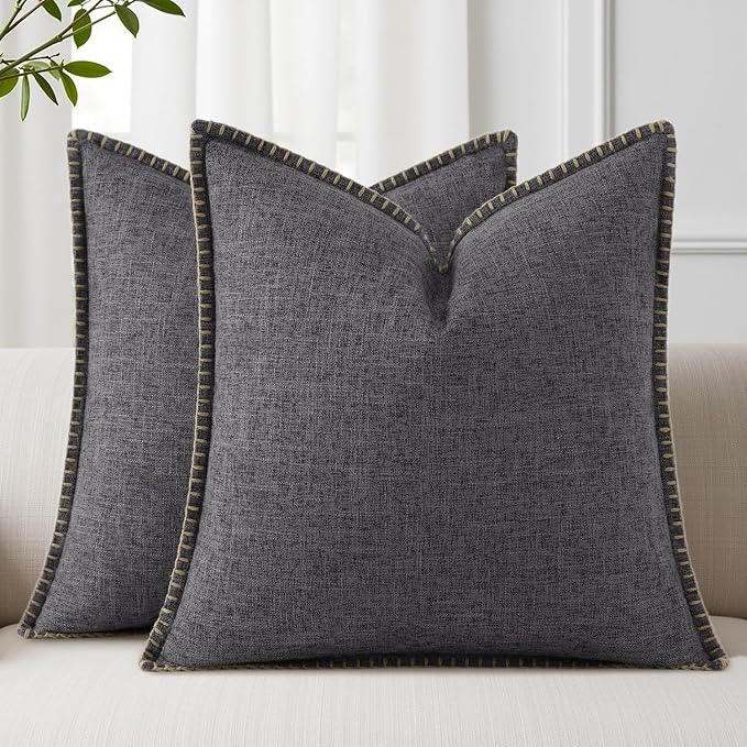 decorUhome Summer Decorative Throw Pillow Covers 22x22 Set of 2 Faux Linen Farmhouse Euro Sham Pillow Covers with Stitched Edge Outdoor Neutral Pillow Covers for Couch Sofa Living Room, Dark Grey