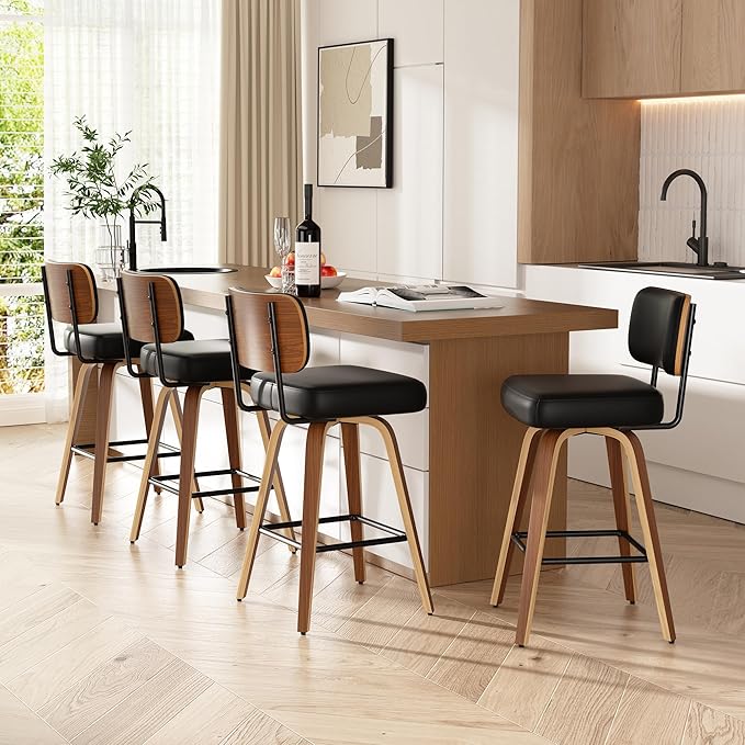 Swivel Bar Stools Set of 4, 26" Upholstered Faux Leather Counter Height Barstools with Walnut Back & Bentwood Legs, Mid Century Modern Bar Chairs Island Stools for Kitchen Counter, Black