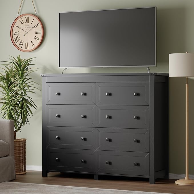 BORNOON Tall 8-Drawer Dresser, Modern Wooden Storage Chest of Drawers, Dresser TV Stand, Wood Drawer Organizer with Metal Handles for Bedroom, Living Room, Hallway