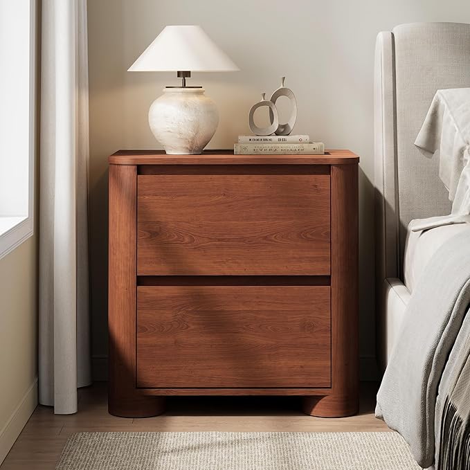 Walnut Nightstand with Charging Station, 23.6" Modern Night Stand with Unique Thickened Foot and 2 Storage Drawers, Bedside Table with Rounded Corner Design for Bedroom