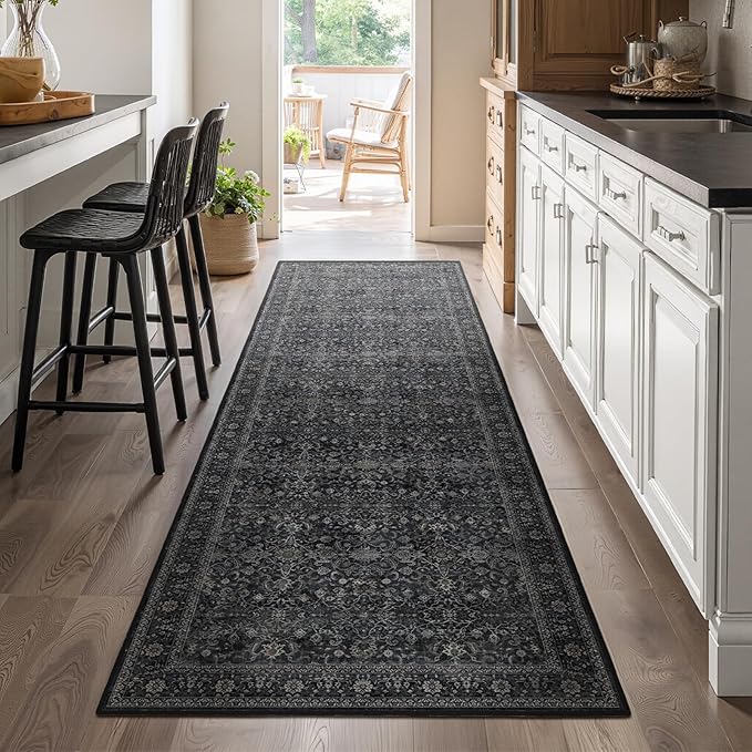 Dark 2'6''x8' Kitchen Runner Rug, Vintage Farmhouse Carpet Runners for Hallway 8ft Non Slip Washable, Low Pile Thin Entryway Runner Rug Indoor Foyer Mudroom Bathroom Bedroom, Midnight