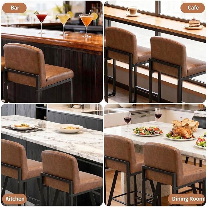 GarveeHome Bar Stools Set of 6, Modern Counter Height Bar Stools with Back and Footrest, Faux Leather Upholstered Barstools Chairs for Kitchen Island Dining Room Bar, Brown
