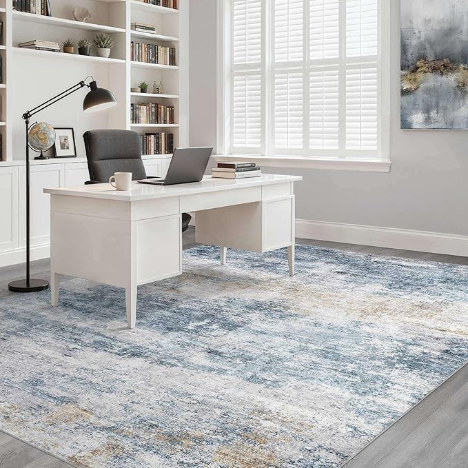 7x10 Area Rug Living Room: Washable Large Neutral Rugs Abstract Soft Modern Stain Resistant Indoor Floor Non-Slip Carpet for Bedroom Nursery Kids Office Playroom Dining Room Under Table- Blue Gold