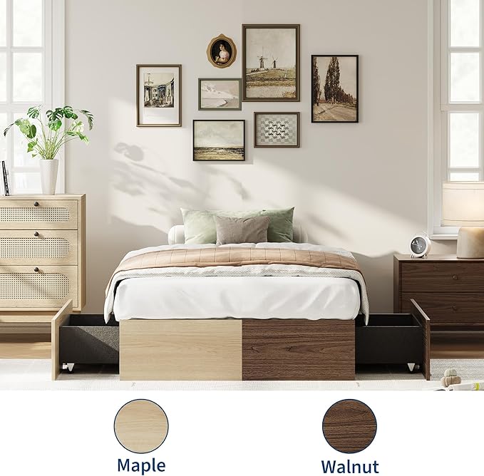 GarveeHome Twin XL Size Wood Platform Bed Frame with 2 Storage Drawers, Wooden Bed Frame Without Headboard, Wood Slat Support, No Box Spring Needed, Easy Assembly