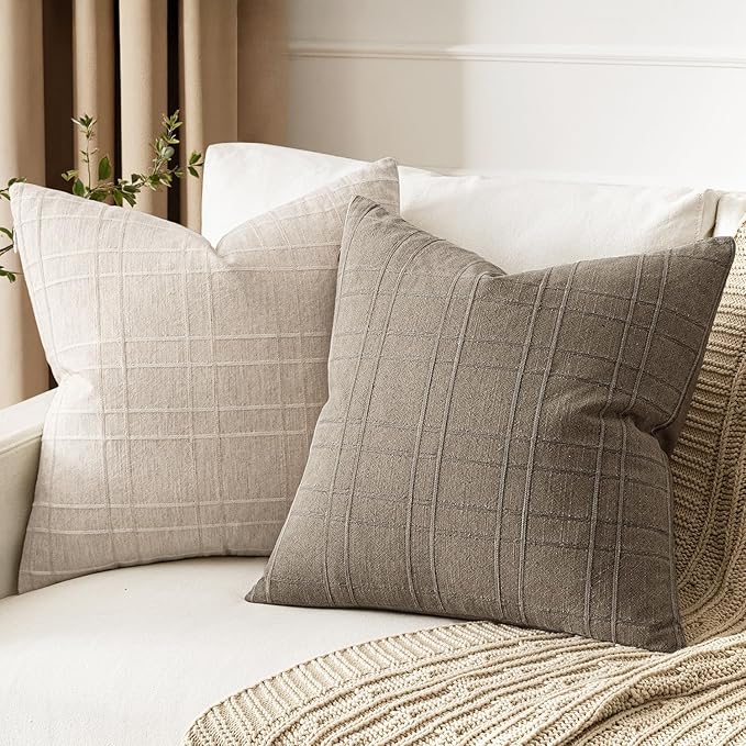 MIULEE Decorative Linen Check Euro Shams Throw Pillow Covers Neutral Farmhouse Vintage Pillow Covers 22x22 Set of 2 Boho Modern Winter Home Decor for Sofa Couch Bedroom Cushion Tan Taupe