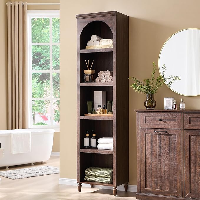 IFGET 76" Tall Arched Bookcase, Farmhouse 5 Tiers Narrow Arched Bookshelf Cabinet with Adjustable Shelves, Modern Wooden Book Shelf w/Storage and Open Display Shelves for Living Room, Office-Brown