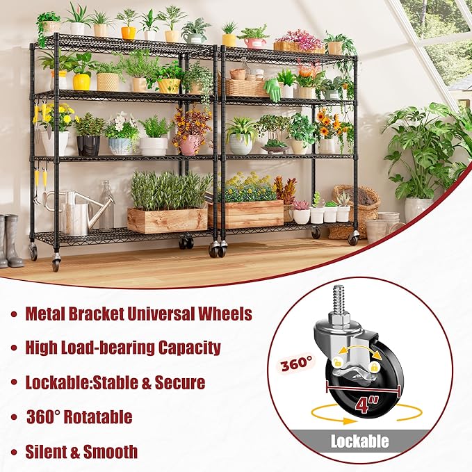 PrimeZone 5 Packs 55.5" W x 24" D x 80" H Heavy Duty Wire Storage Shelves with Wheels, 4 Tier Adjustable NSF Commercial Garage Shelving Unit, Rolling Metal Organizer Shelf Rack for Warehouse, Pantry