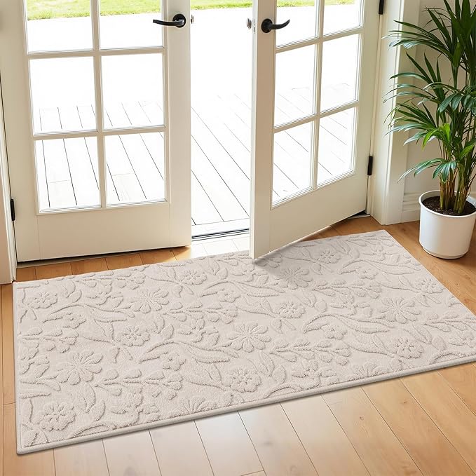 Vaukki 2x4 Runner Rug for Living Room, Soft Fluffy Washable Modern Floral Indoor Floor Mat, Non Slip Shaggy Boho Accent Throw Carpet for Bedroom, Living Room, Entryway and Dining Room, Beige