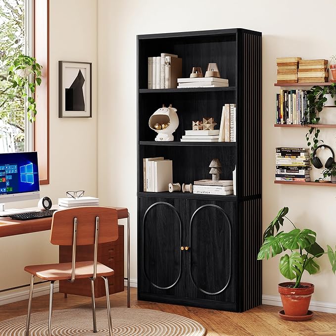 ORRD 70.8" Tall Fluted Bookshelf with Storage Cabinet Set of 2, Modern 5-Tier Wood Bookcase with Open Display Storage Shelf, Gold Handles for Office Living Room (Black)